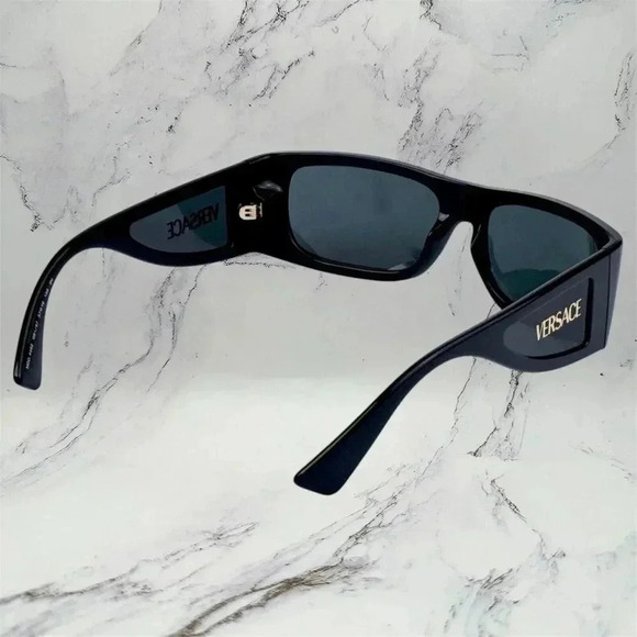 VERSACE Sunglasses New Black Square Wrap Shield Mask Acetate Gold Letter Logo - Picture 10 of 12